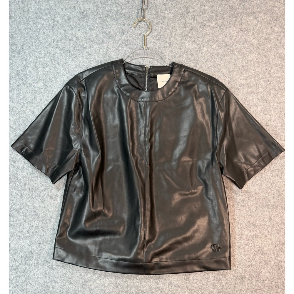 Calvin Klein Womens Faux Leather Short Sleeve Top Black Zip Back Size S NEW